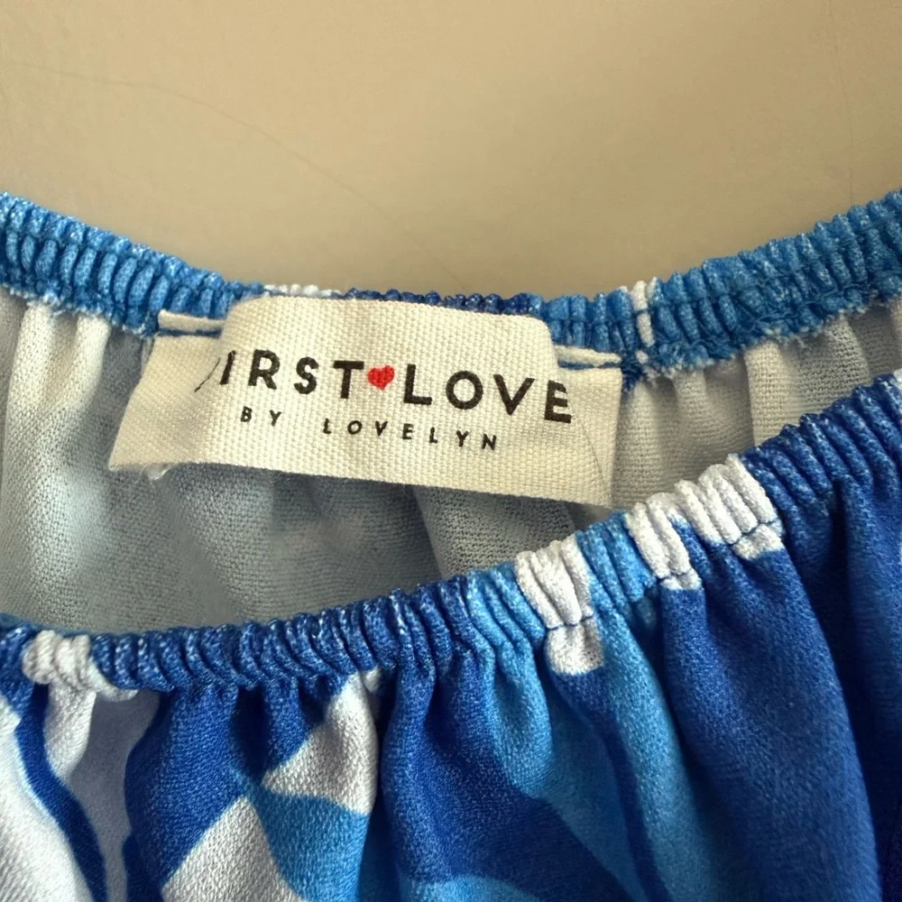 First Love Blue and White Floral Off-Shoulder Dress Medium - Picture 3 of 3
